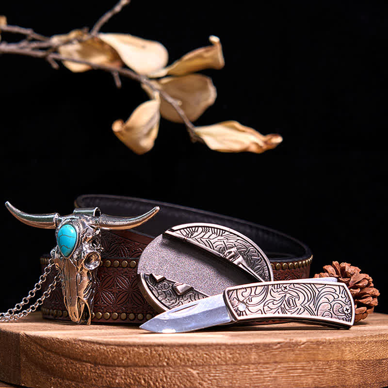 Practical DIY Hidden Knife Buckle Turquoise Longhorn Bull Pendant Bundle Set (Pre-Sale)