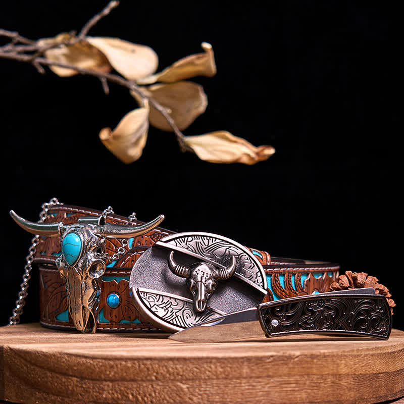 Practical DIY Hidden Knife Buckle Turquoise Longhorn Bull Pendant Bundle Set (Pre-Sale)