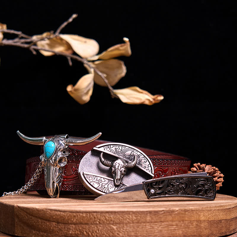 Practical DIY Hidden Knife Buckle Turquoise Longhorn Bull Pendant Bundle Set (Pre-Sale)