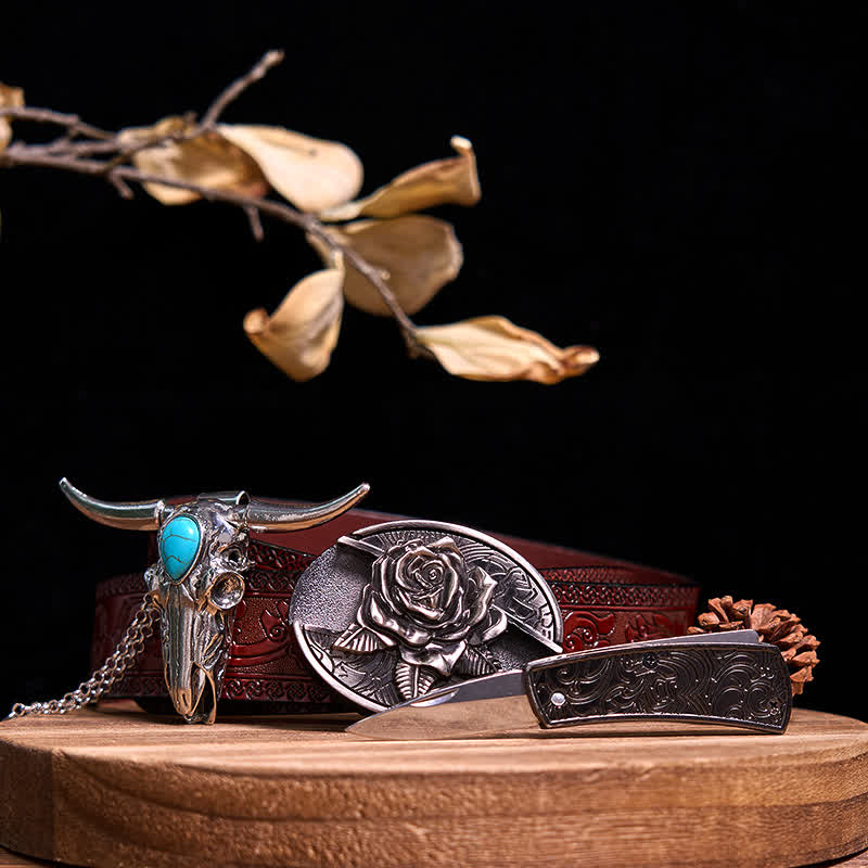 Practical DIY Hidden Knife Buckle Turquoise Longhorn Bull Pendant Bundle Set (Pre-Sale)