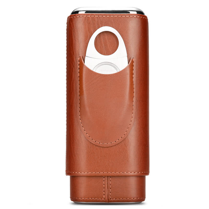 3-Finger Cigar Humidor Leather Case with Cigar Cutter