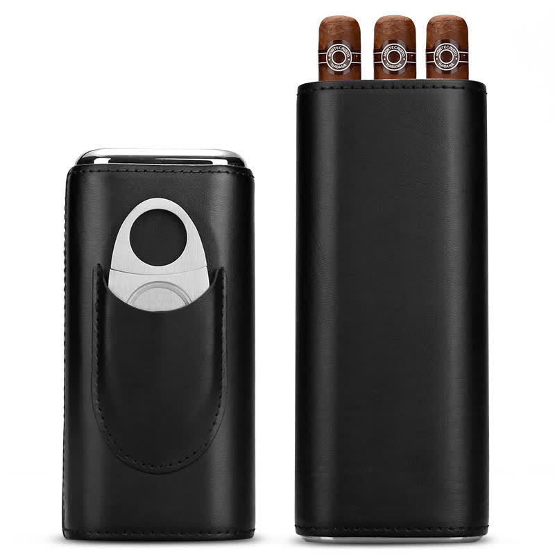 3-Finger Cigar Humidor Leather Case with Cigar Cutter