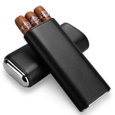 3-Finger Cigar Humidor Leather Case with Cigar Cutter