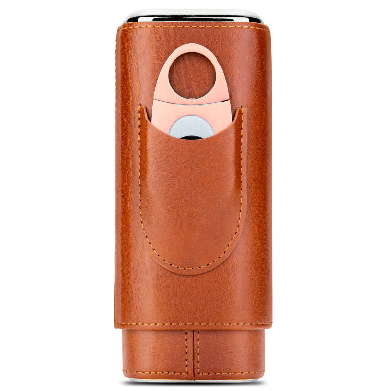 3-Finger Cigar Humidor Leather Case with Cigar Cutter