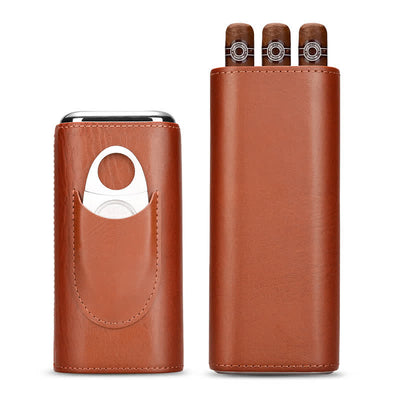 3-Finger Cigar Humidor Leather Case with Cigar Cutter