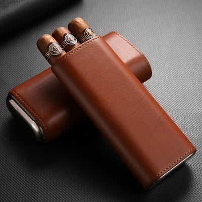 3-Finger Cigar Humidor Leather Case with Cigar Cutter