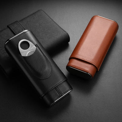 3-Finger Cigar Humidor Leather Case with Cigar Cutter