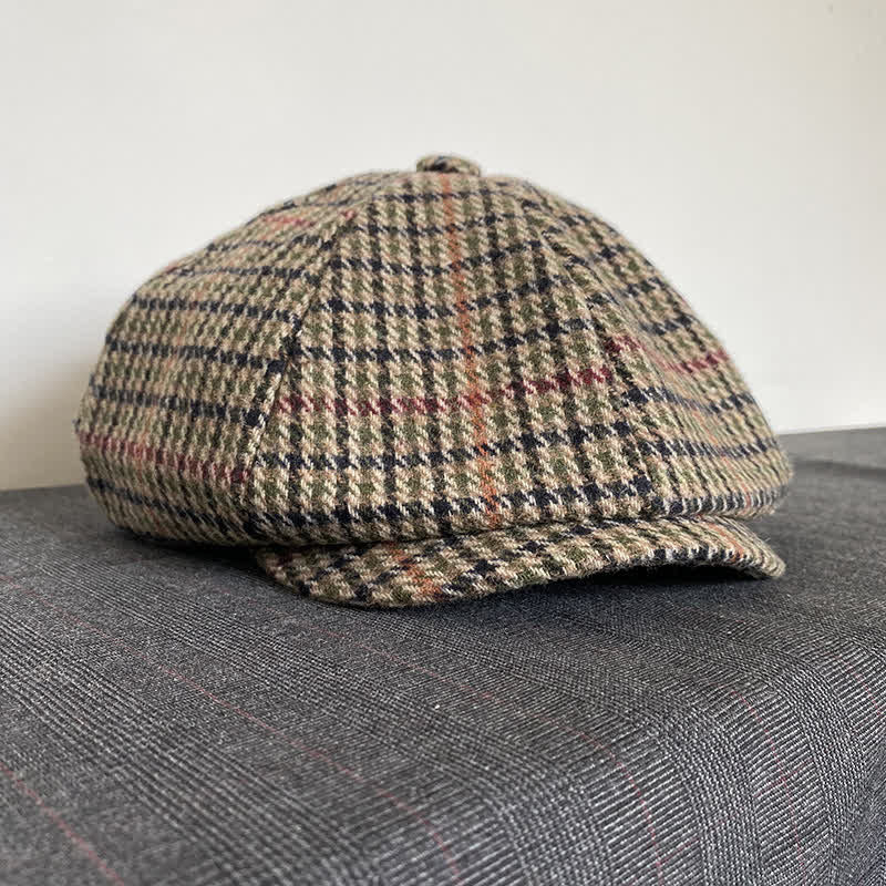 Beige Scottish Plaid Tweed Newsboy Beret Cap