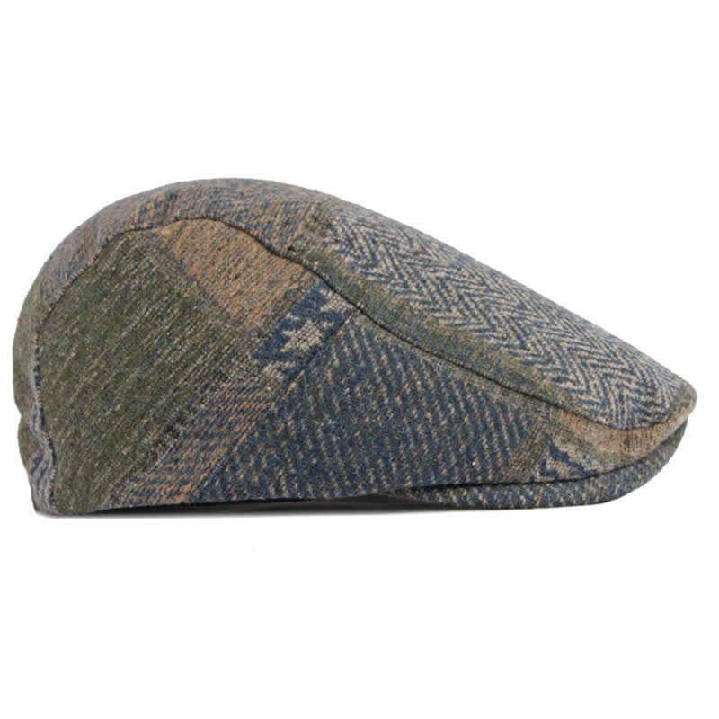 Patchwork Stitching Herringbone Tweed Beret Hat