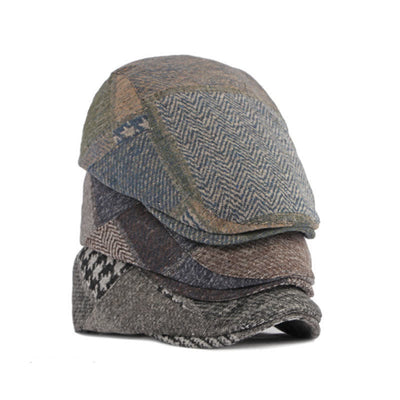 Patchwork Stitching Herringbone Tweed Beret Hat