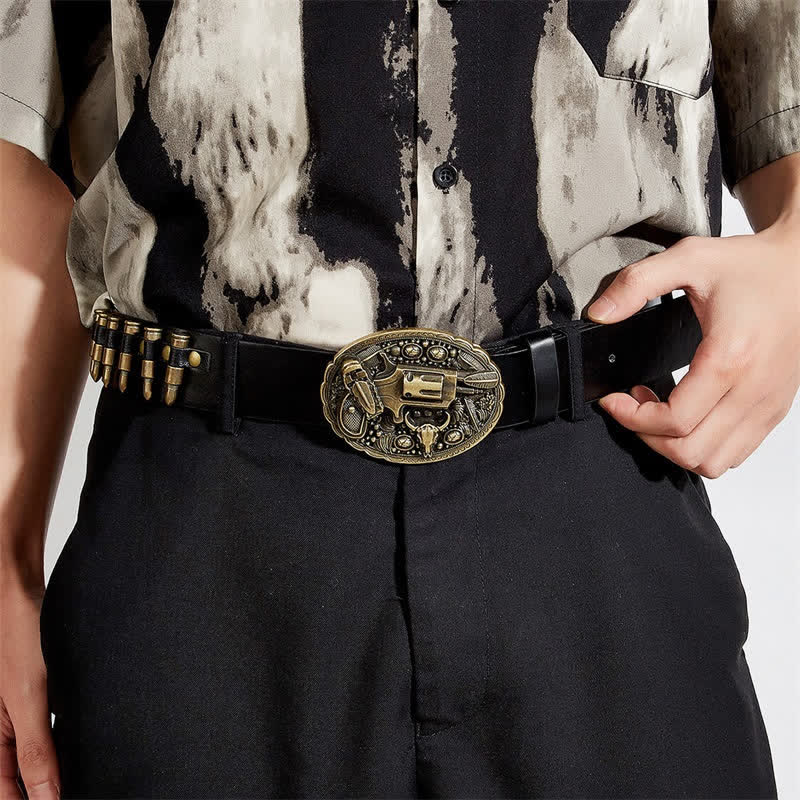 3d Gun Printed Pattern Buckle Bullets Rivets Leather Belt