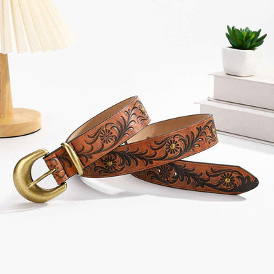 Brown Daisy Floral Bronze Rivet Leather Belt