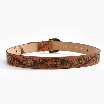 Brown Daisy Floral Bronze Rivet Leather Belt