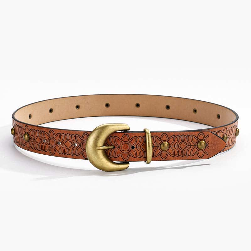 Elegant Flower Printed Bronze Rivet Leather Belt