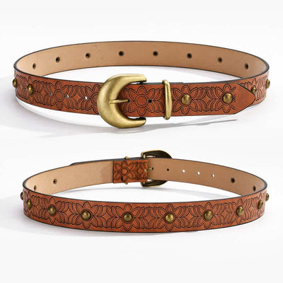 Elegant Flower Printed Bronze Rivet Leather Belt