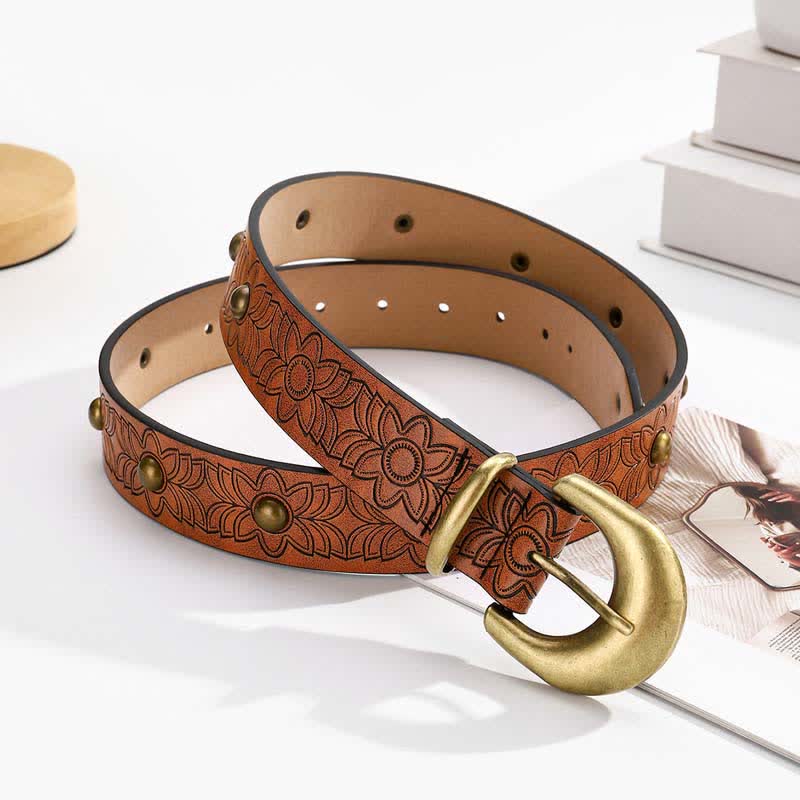 Elegant Flower Printed Bronze Rivet Leather Belt