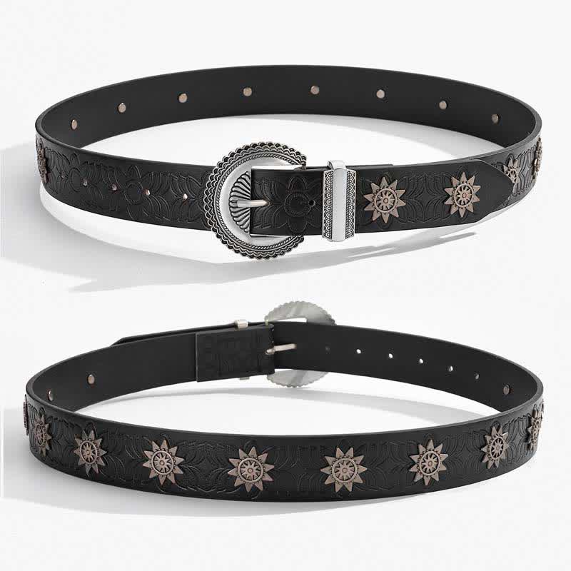 Star Rivet Inlaid Retro Floral Pattern Leather Belt