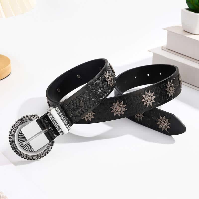 Star Rivet Inlaid Retro Floral Pattern Leather Belt