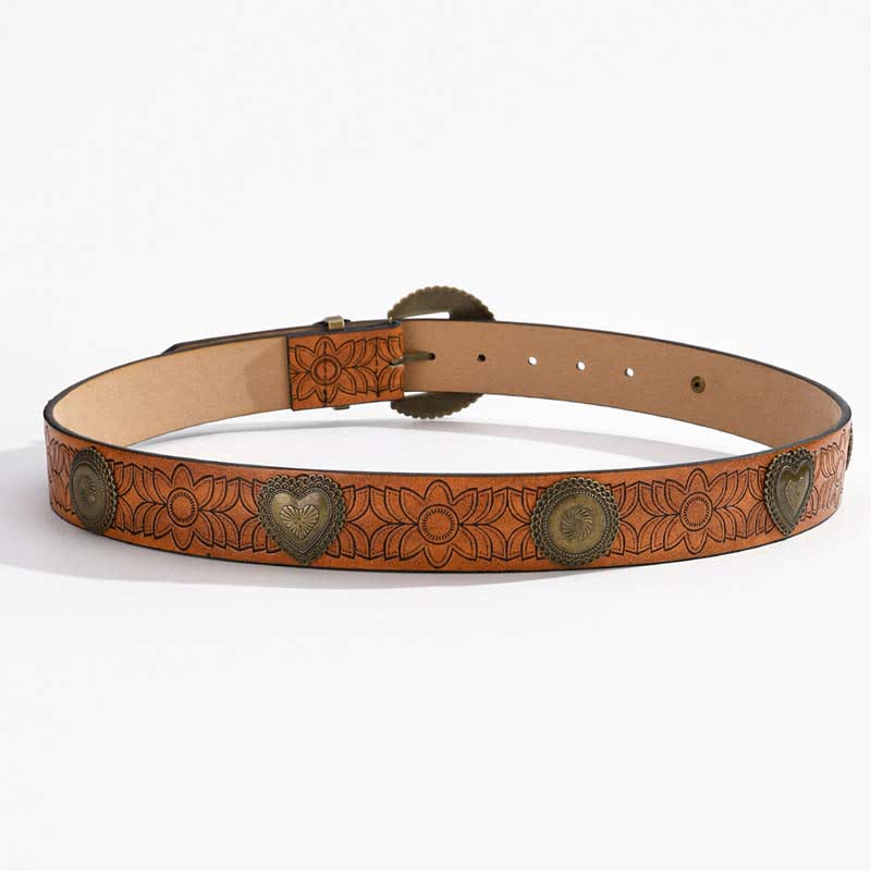 Round & Heart Rivets Inlaid Floral Print Leather Belt