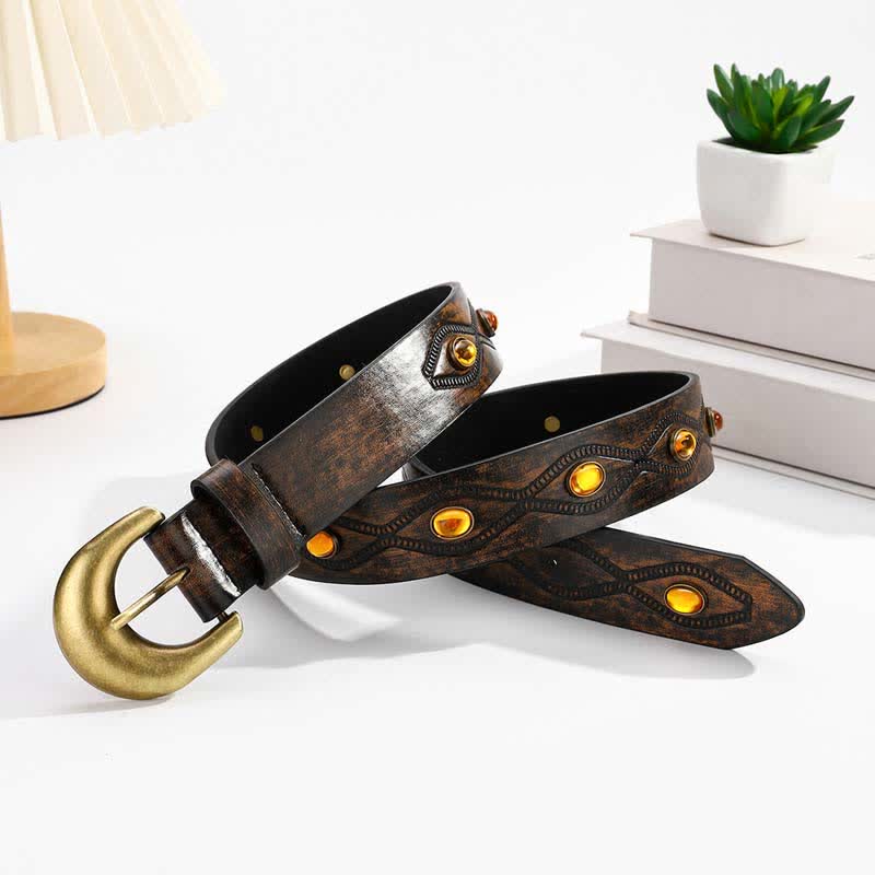 Dark Coffee Bright Gemstone Rivets Leather Belt