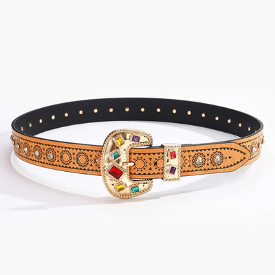 Vintage Exotic Metal Inlaid Artificial Diamonds Leather Belt