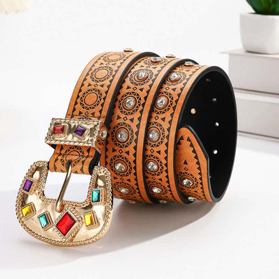 Vintage Exotic Metal Inlaid Artificial Diamonds Leather Belt