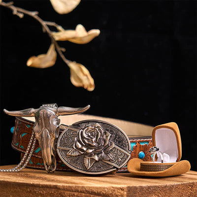 Rose Theme DIY Hidden Knife Belt Buckle Longhorn Bull Pendant Bundle Set