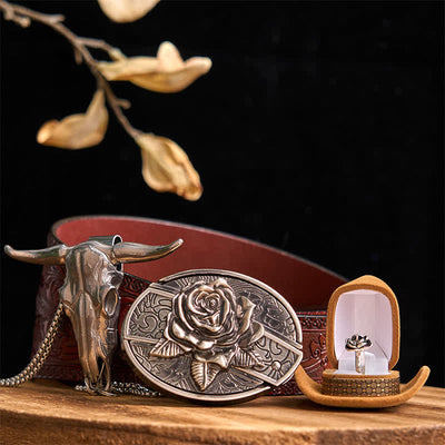 Rose Theme DIY Hidden Knife Belt Buckle Longhorn Bull Pendant Bundle Set