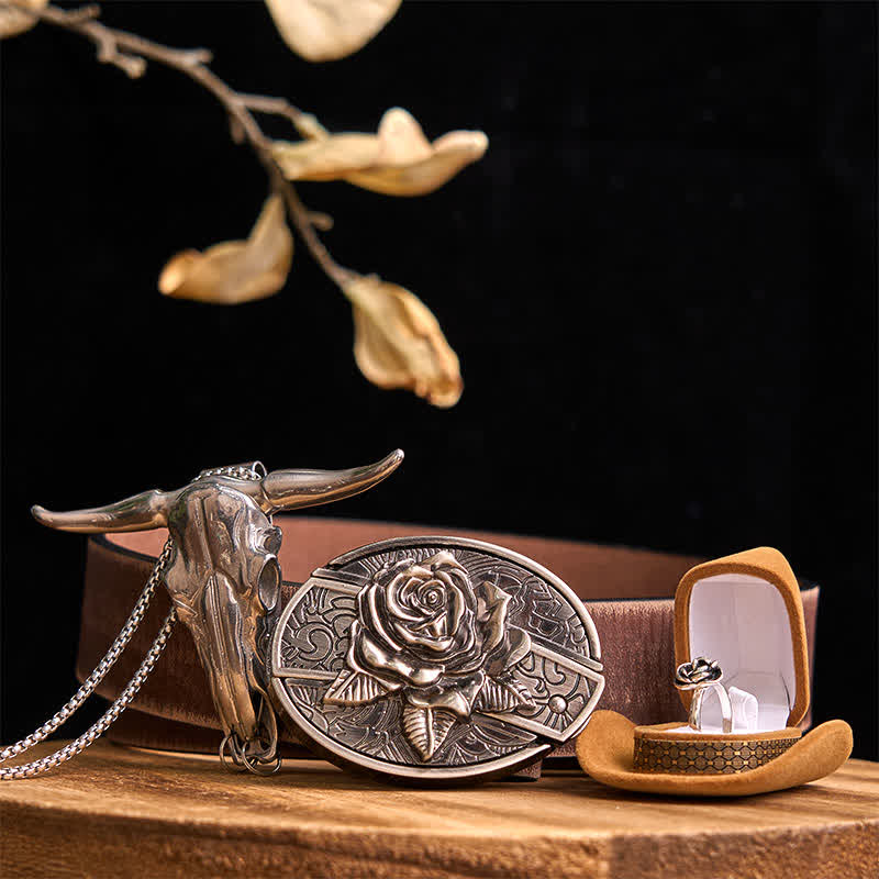 Rose Theme DIY Hidden Knife Belt Buckle Longhorn Bull Pendant Bundle Set