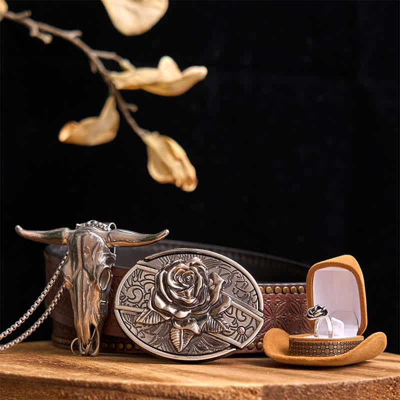 Rose Theme DIY Hidden Knife Belt Buckle Longhorn Bull Pendant Bundle Set