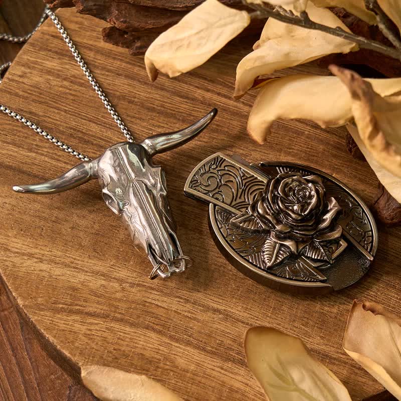 Rose Theme DIY Hidden Knife Belt Buckle Longhorn Bull Pendant Bundle Set