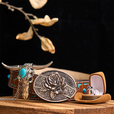 Rose Theme DIY Hidden Knife Belt Buckle Turquoise Bull Pendant Bundle Set