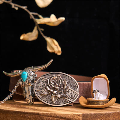 Rose Theme DIY Hidden Knife Belt Buckle Turquoise Bull Pendant Bundle Set