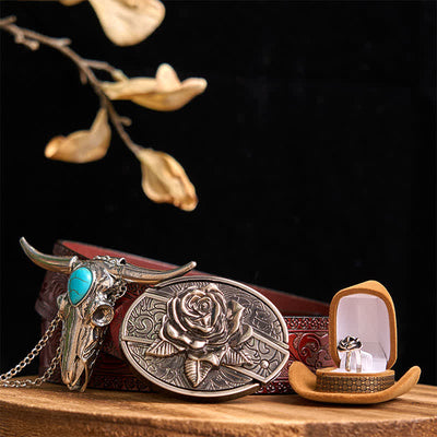 Rose Theme DIY Hidden Knife Belt Buckle Turquoise Bull Pendant Bundle Set