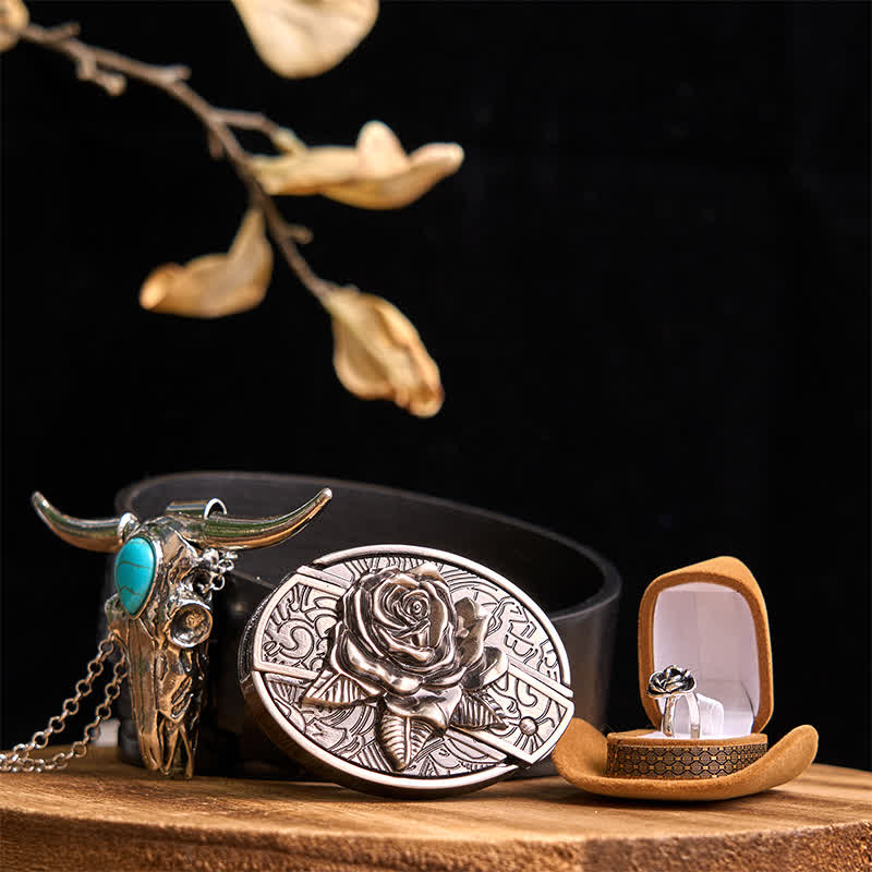 Rose Theme DIY Hidden Knife Belt Buckle Turquoise Bull Pendant Bundle Set