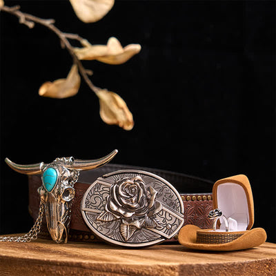 Rose Theme DIY Hidden Knife Belt Buckle Turquoise Bull Pendant Bundle Set