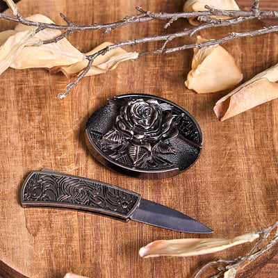 Rose Theme DIY Hidden Knife Belt Buckle Turquoise Bull Pendant Bundle Set