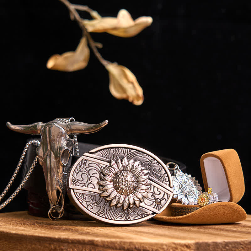 Sunflower Theme DIY Hidden Knife Belt Buckle Longhorn Bull Pendant Bundle Set