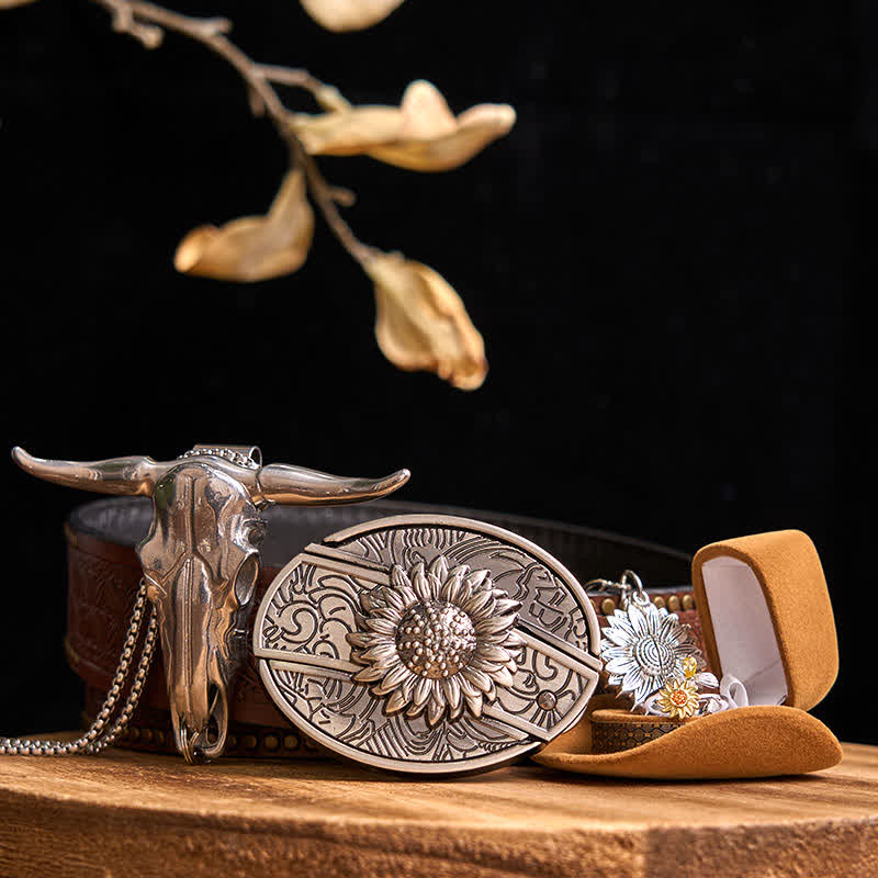 Sunflower Theme DIY Hidden Knife Belt Buckle Longhorn Bull Pendant Bundle Set