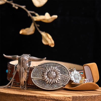 Sunflower Theme DIY Hidden Knife Belt Buckle Longhorn Bull Pendant Bundle Set