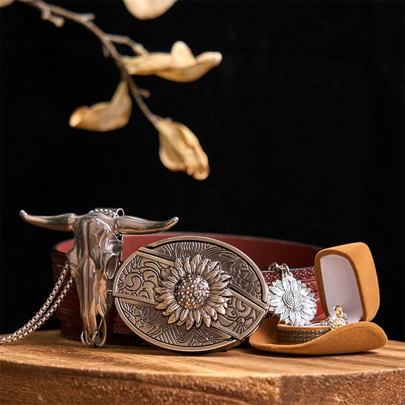 Sunflower Theme DIY Hidden Knife Belt Buckle Longhorn Bull Pendant Bundle Set