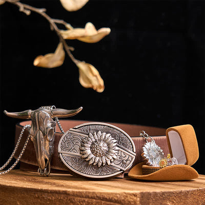 Sunflower Theme DIY Hidden Knife Belt Buckle Longhorn Bull Pendant Bundle Set