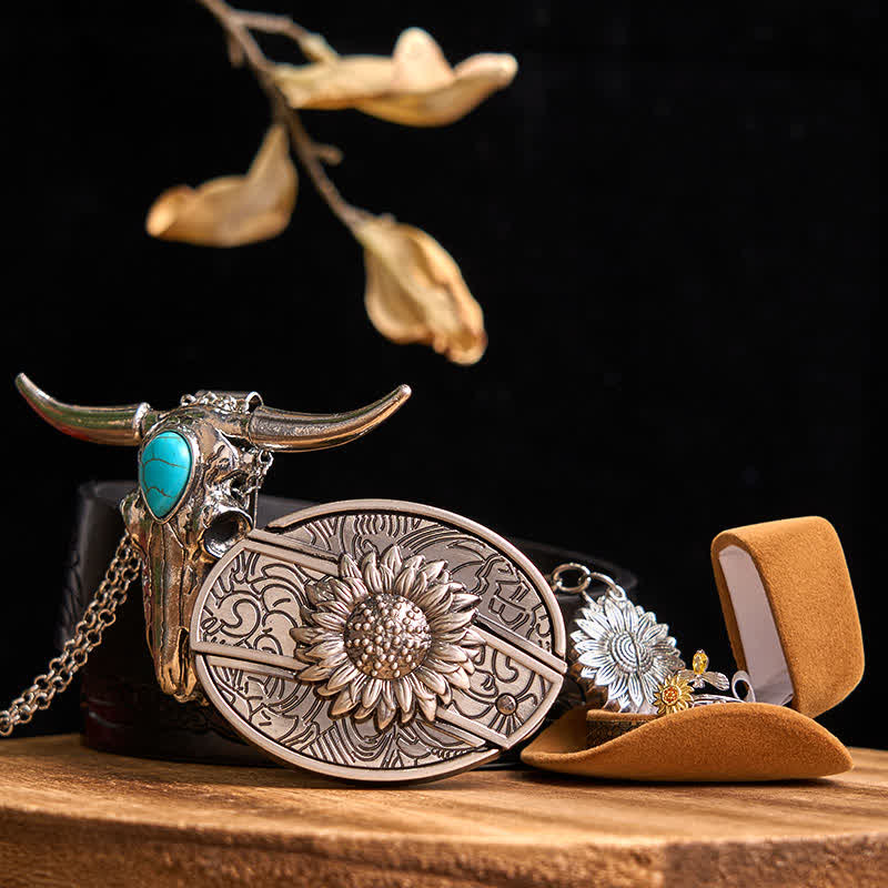 Sunflower Theme DIY Hidden Knife Belt Buckle Turquoise Bull Pendant Bundle Set (Pre-Sale)