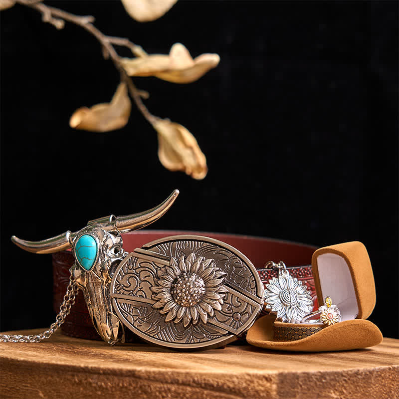 Sunflower Theme DIY Hidden Knife Belt Buckle Turquoise Bull Pendant Bundle Set (Pre-Sale)