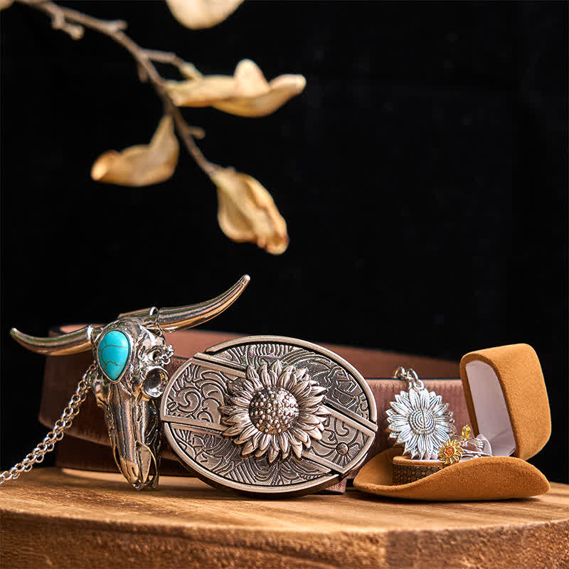 Sunflower Theme DIY Hidden Knife Belt Buckle Turquoise Bull Pendant Bundle Set (Pre-Sale)