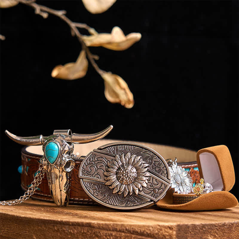 Sunflower Theme DIY Hidden Knife Belt Buckle Turquoise Bull Pendant Bundle Set (Pre-Sale)