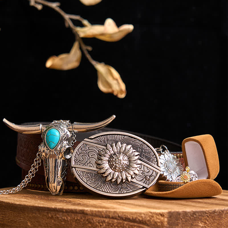 Sunflower Theme DIY Hidden Knife Belt Buckle Turquoise Bull Pendant Bundle Set (Pre-Sale)