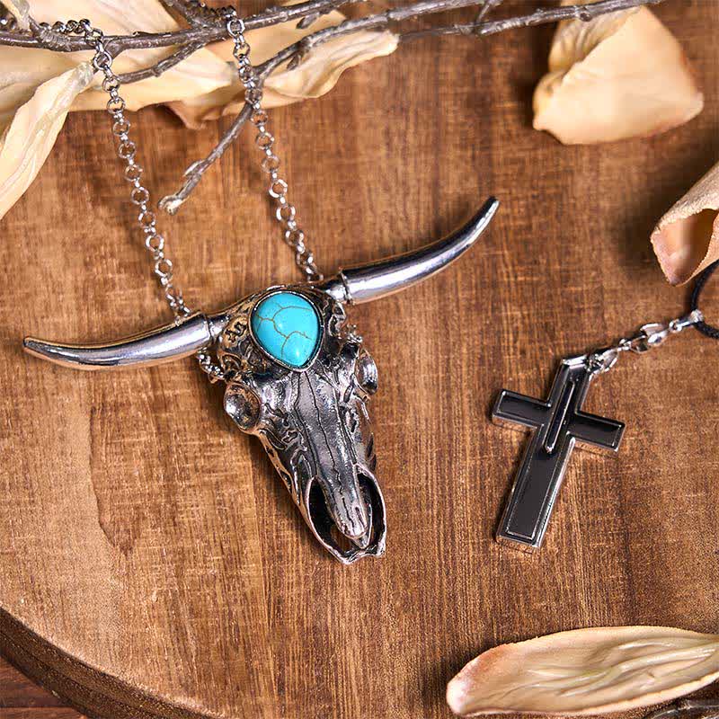 DIY Hidden Knife Belt Buckle Turquoise Bull Pendant Cross Necklace Bundle Set (Pre-Sale)