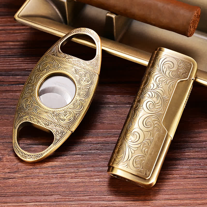 Retro Carved Lighter Set & Cigar Cutter