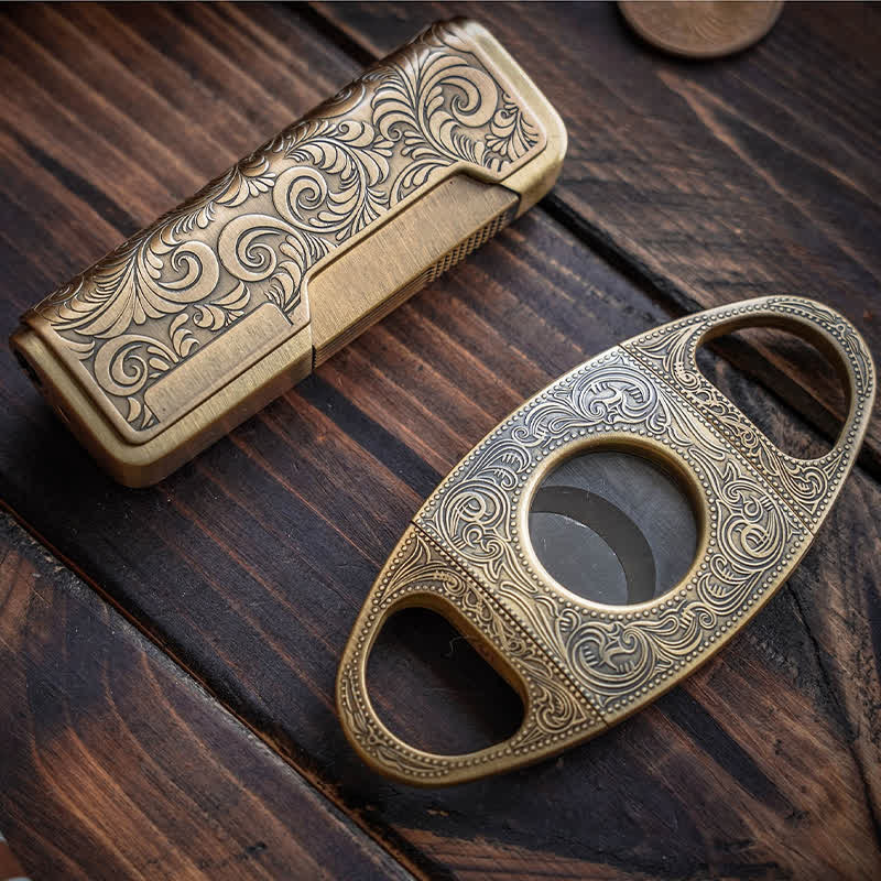 Retro Carved Lighter Set & Cigar Cutter